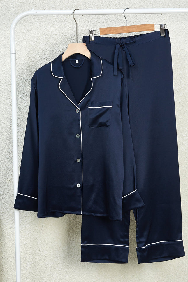 Soft Strokes Silk | Navy Unisex Long Sleeve Pyjamas Set