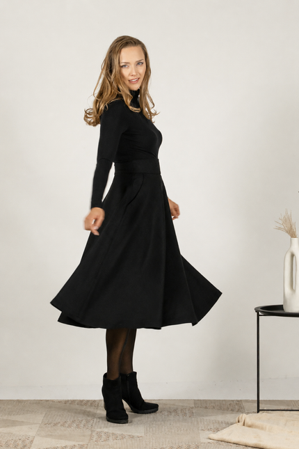 Black wool midi skirt with high waist