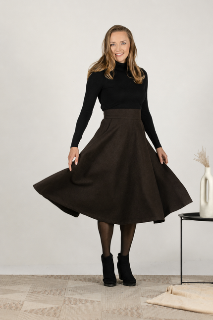 High-waisted wool midi skirt in dark brown