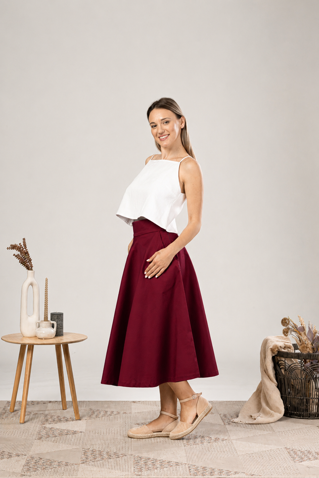 Nikka Place | Elegant Midi Circle Skirt in Burgundy