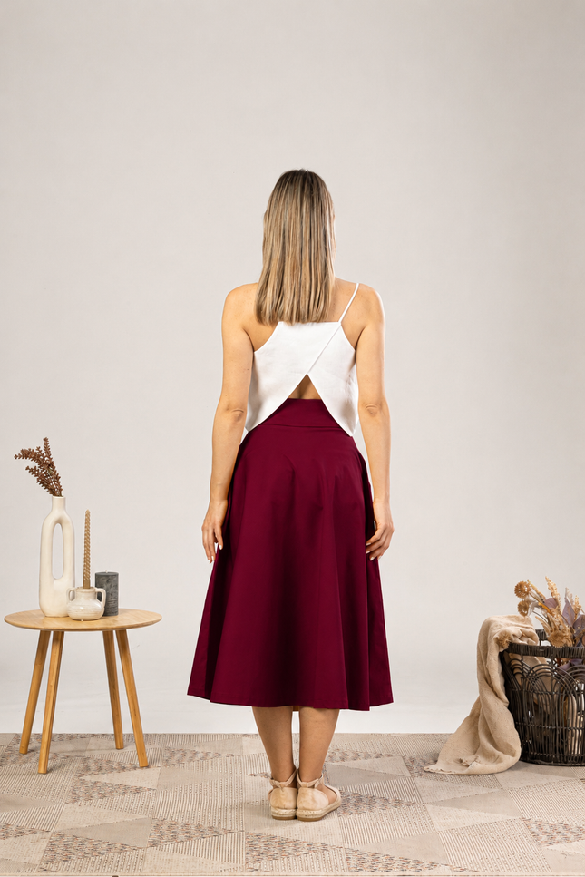 Nikka Place | Elegant Midi Circle Skirt in Burgundy
