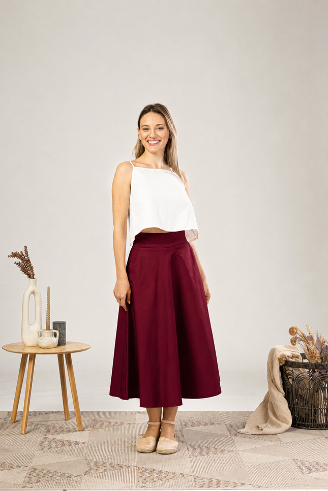 Nikka Place | Elegant Midi Circle Skirt in Burgundy