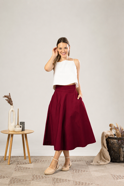 Elegancka spódnica midi z okręgiem w kolorze bordowym
