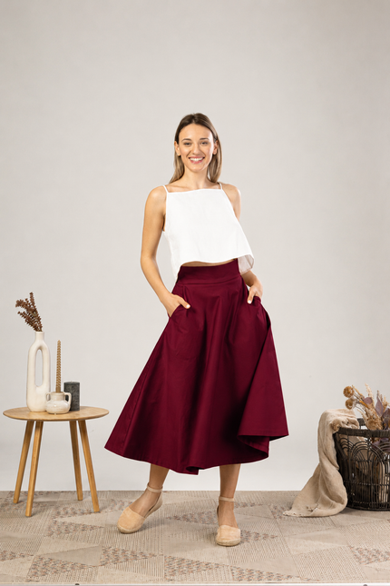 Elegancka spódnica midi z okręgiem w kolorze bordowym