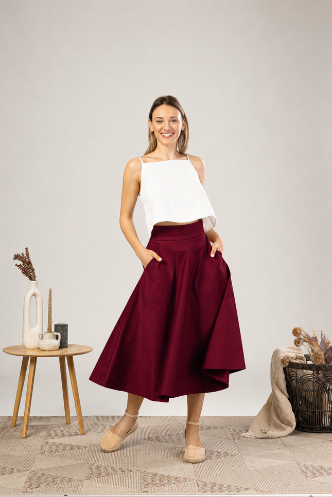 Nikka Place | Elegant Midi Circle Skirt in Burgundy