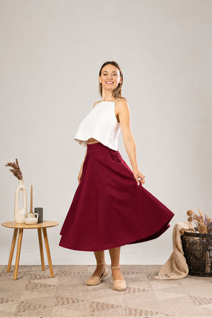 Elegancka spódnica midi z okręgiem w kolorze bordowym