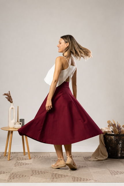 Elegancka spódnica midi z okręgiem w kolorze bordowym