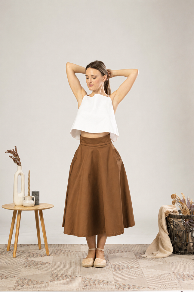 High Waisted Cotton Skirt in Light Brown