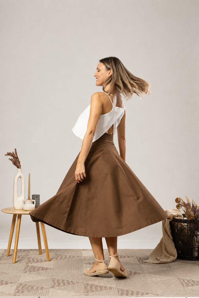 High Waisted Cotton Skirt in Light Brown