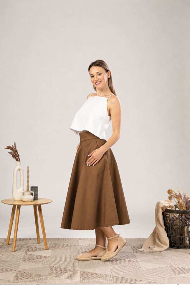 High Waisted Cotton Skirt in Light Brown