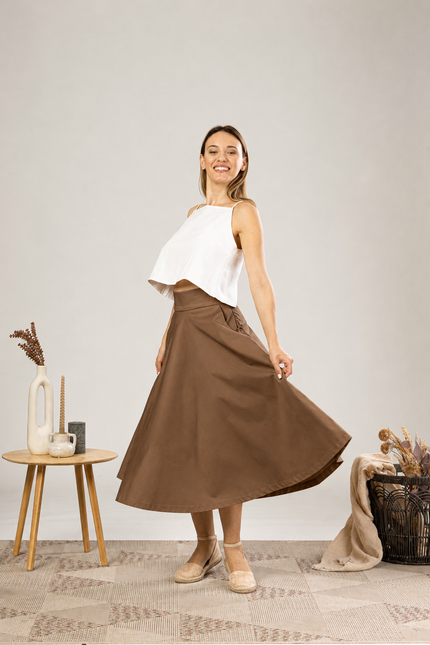 High Waisted Cotton Skirt in Light Brown