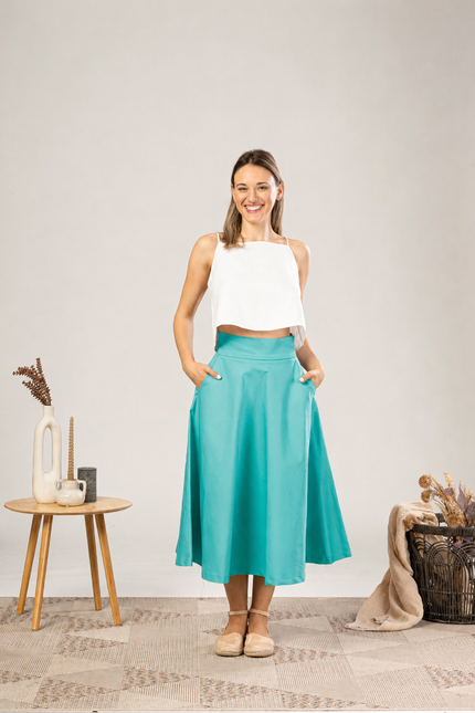 Nikka Place | Midi Flared Cotton Skirt With Pockets in Turquoise