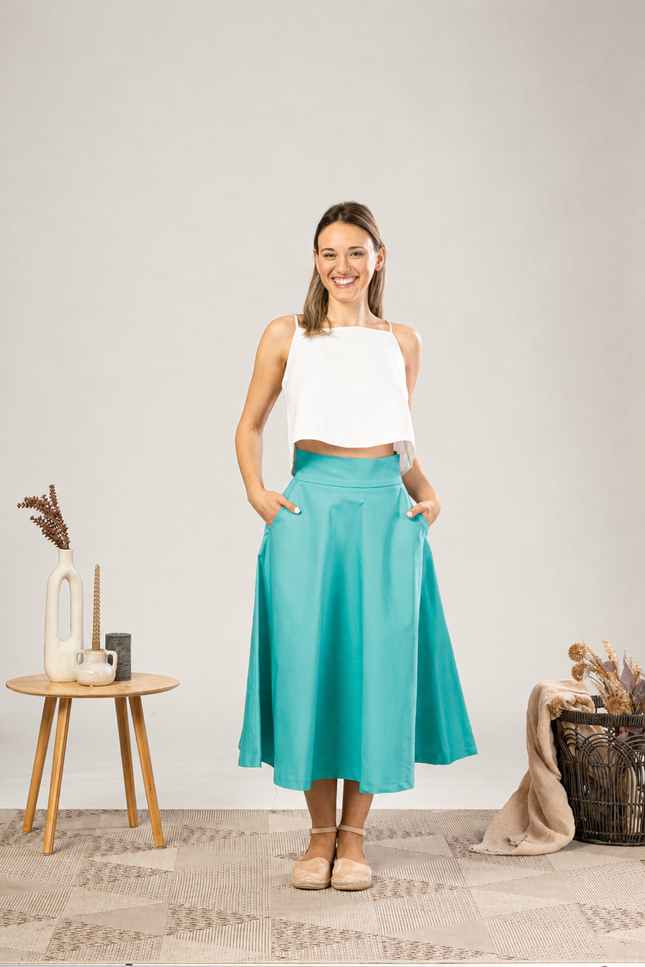 Nikka Place | Midi Flared Cotton Skirt With Pockets in Turquoise