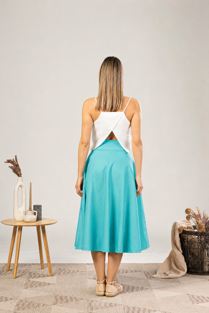 Nikka Place | Midi Flared Cotton Skirt With Pockets in Turquoise
