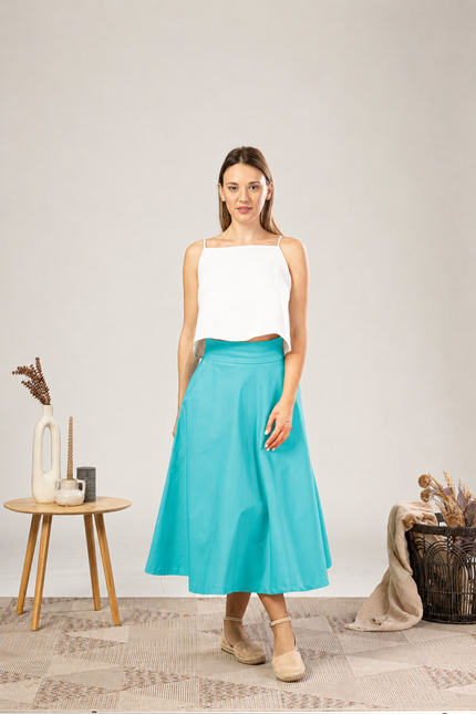 Nikka Place | Midi Flared Cotton Skirt With Pockets in Turquoise