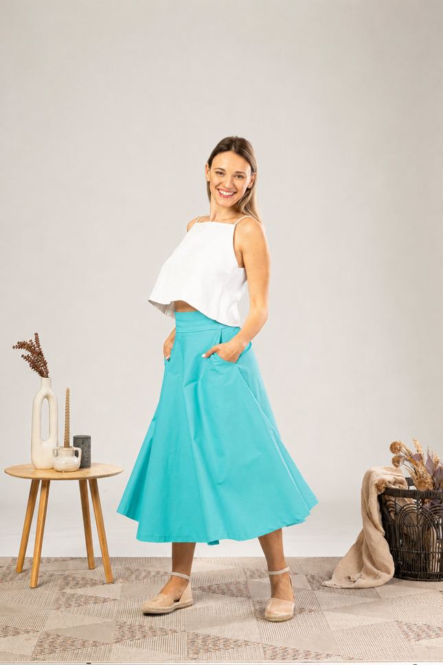 Nikka Place | Midi Flared Cotton Skirt With Pockets in Turquoise