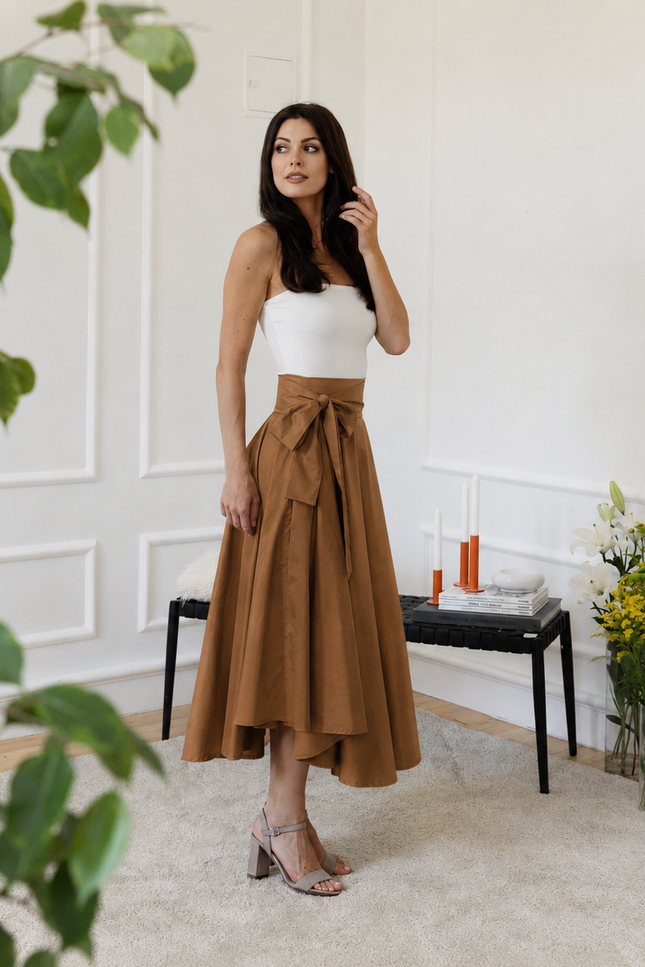 Midi cotton brown skirt with bow
