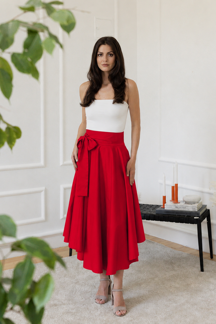 Midi cotton red skirt with bow