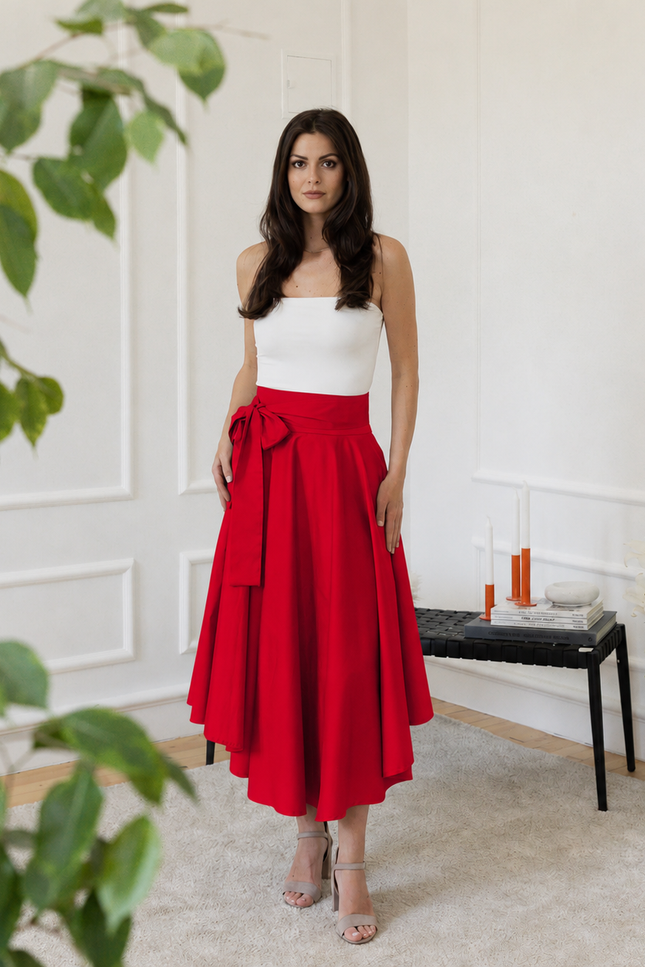 Midi cotton red skirt with bow