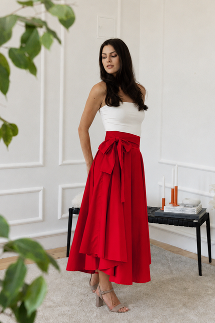 Midi cotton red skirt with bow