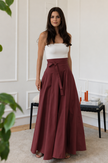 High waist burgundy cotton skirt