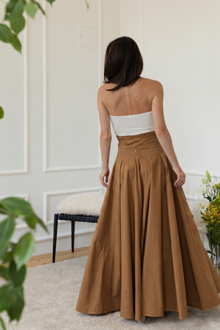 High waist cotton skirt in light brown