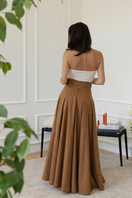 Back view of maxi cotton skirt in light brown