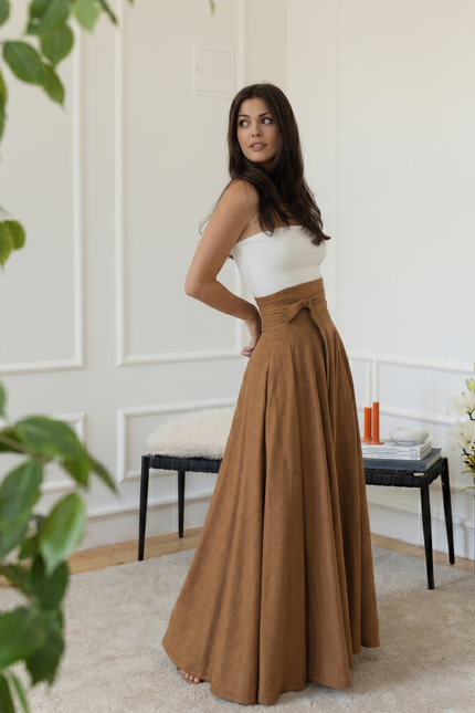 Side view of maxi cotton skirt in light brown