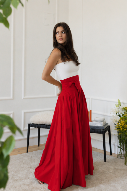 High waist red cotton skirt