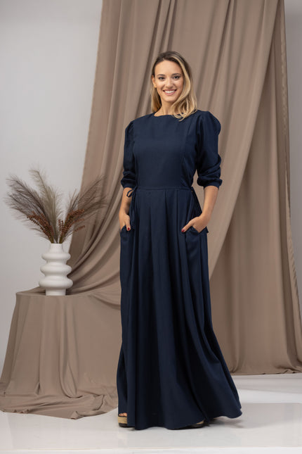 Long Sleeve Linen Maxi Dress with Waist Tie Fastening - from Nikka Place | Effortless fashion for easy living