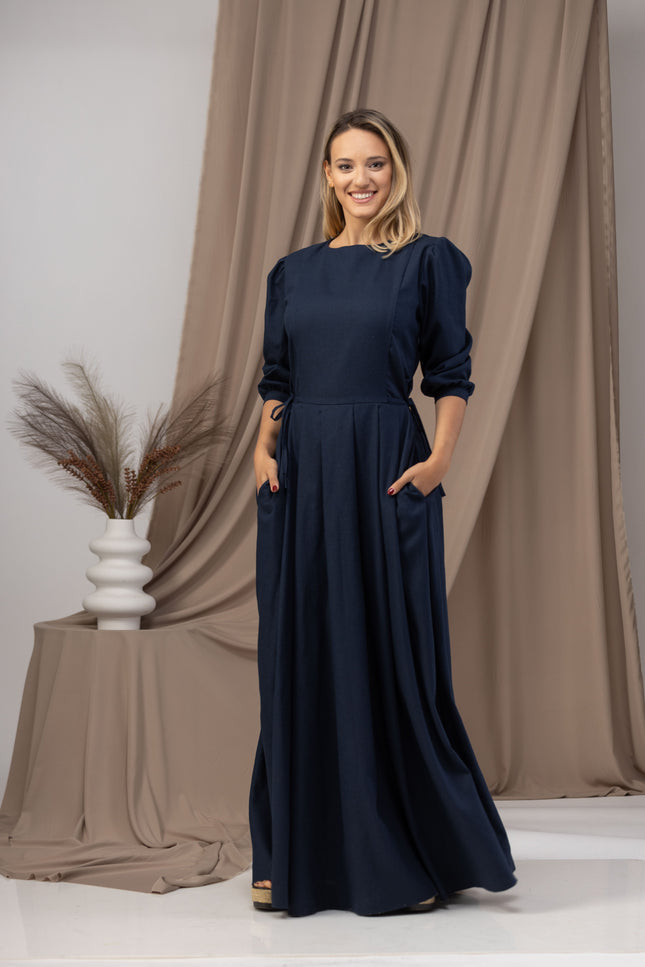 Long Sleeve Linen Maxi Dress with Waist Tie Fastening - from Nikka Place | Effortless fashion for easy living