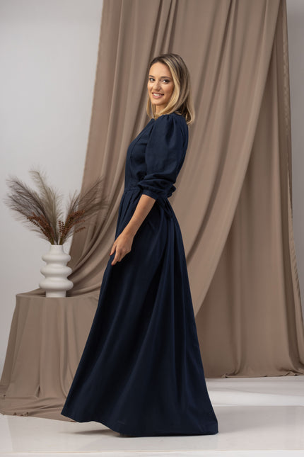 Long Sleeve Linen Maxi Dress with Waist Tie Fastening - from Nikka Place | Effortless fashion for easy living