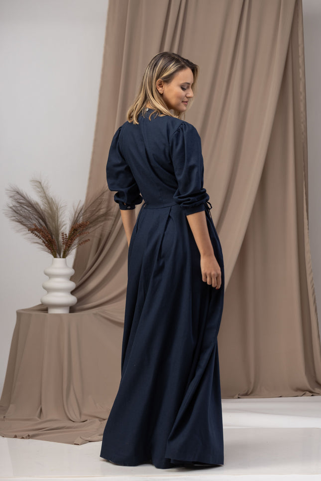 Long Sleeve Linen Maxi Dress with Waist Tie Fastening - from Nikka Place | Effortless fashion for easy living