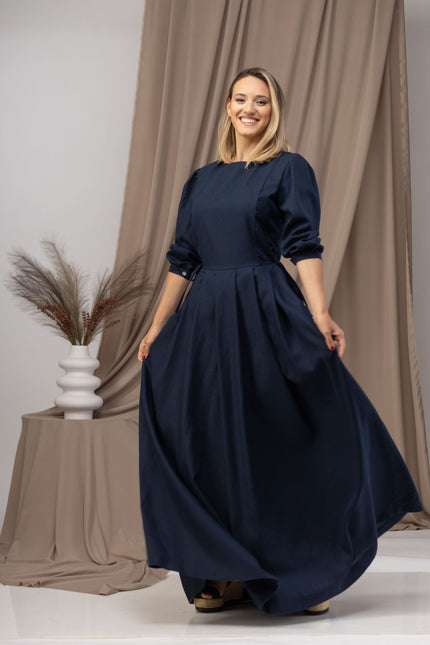 Dark Blue Long Sleeve Linen Maxi Dress Front View - from Nikka Place | Effortless fashion for easy living