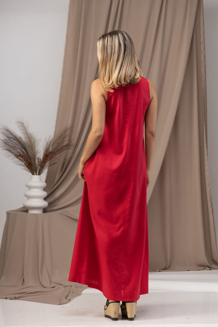 Minimalist Linen Maxi Dress being worn with a cardigan - from NikkaPlace | Effortless fashion for easy living
