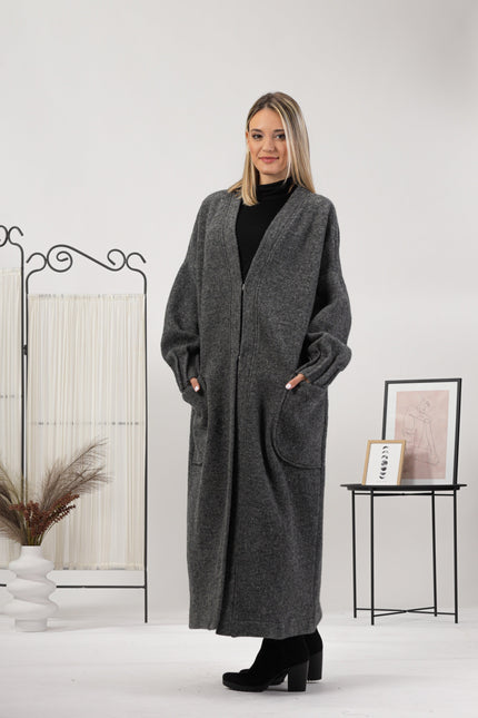 Prussian Blue Warm Wool Maxi Cardigan being worn with a scarf and beanie - from NikkaPlace | Effortless fashion for easy living