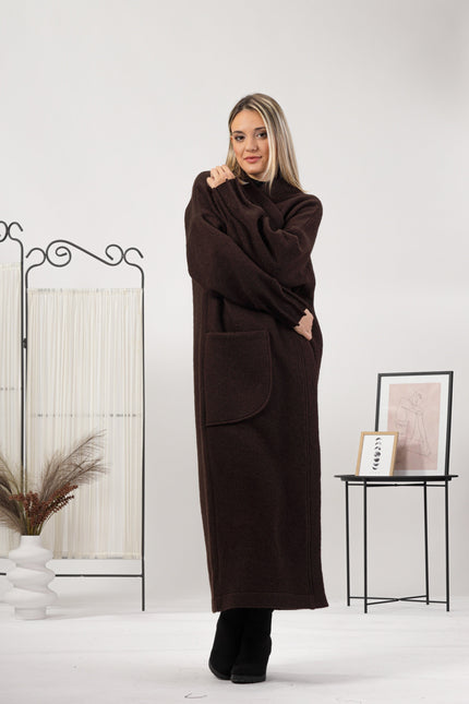 Prussian Blue Warm Wool Maxi Cardigan being worn with a button-up shirt and slacks - from NikkaPlace | Effortless fashion for easy living