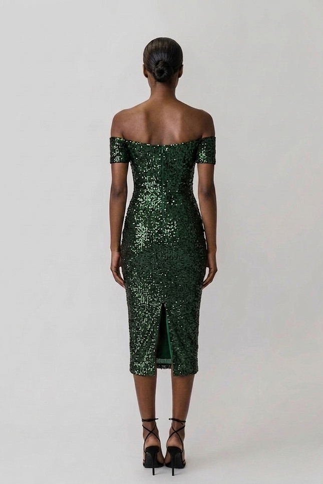 Green sequin off-shoulder dress on a white background