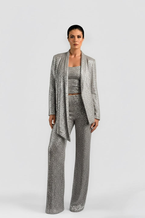 Anitabel | TIA STRUCTURED SEQUIN HIGH LOW BLAZER WITH A DETACHABLE BELT IN SILVER