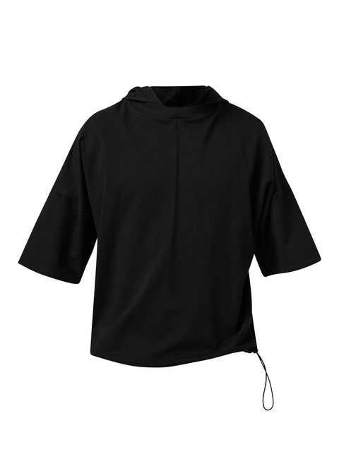 Unisex Hooded Top
Details: 
Black cotton T-Shirt
short sleeve 
hood 
ribbed neckline 
adjustable hem 
Composition:

Cotton 96% Elastane 4% 
Washing instructions
Dry Clean Only
FittinShirts & TopsAlchemy The LabelAlchemy The LabelUnisex Hooded Top