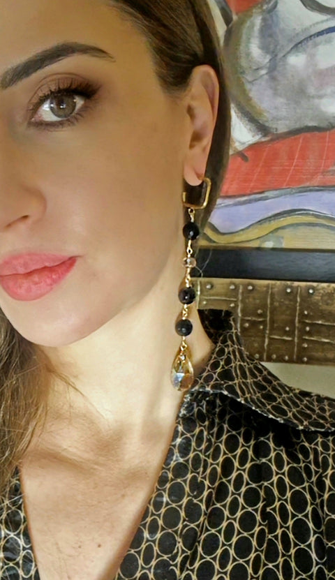 Maria Moyseos | ANNA czarne kolczyki z kamieniami szlachetnymi i kryształami