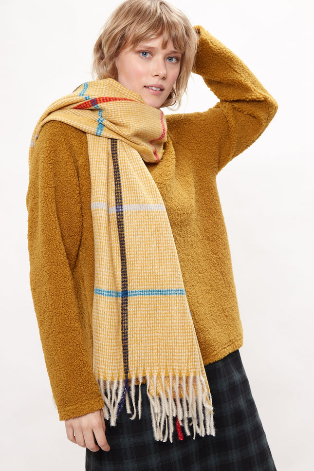 Louche Aoife Fluffy Warm Handle Woven Check Scarf With Tassels - Mustard - Front