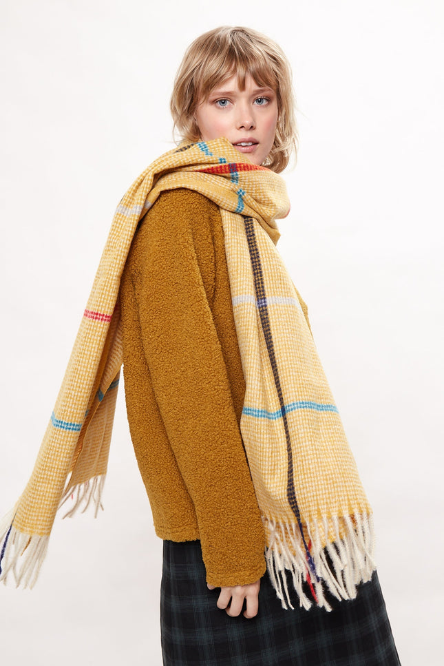 Louche Aoife Fluffy Warm Handle Woven Check Scarf With Tassels - Mustard - Detail 1