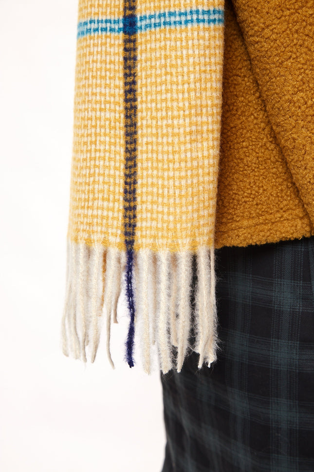 Louche Aoife Fluffy Warm Handle Woven Check Scarf With Tassels - Mustard - Back
