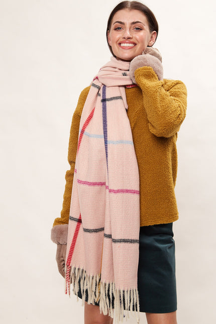 Louche Aoife Fluffy Warm Handle Woven Check Scarf With Tassels - Pink - Front