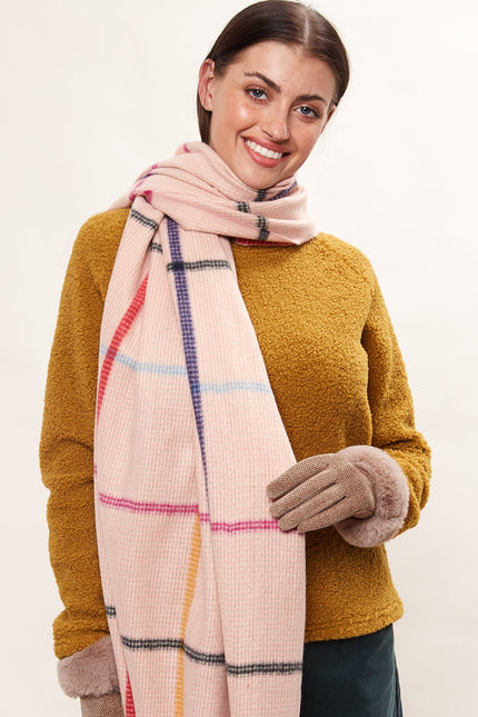 Louche Aoife Fluffy Warm Handle Woven Check Scarf With Tassels - Pink - Back