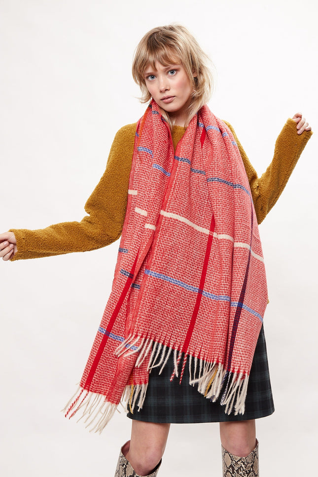 Louche Aoife Fluffy Warm Handle Woven Check Scarf With Tassels - Red - Front