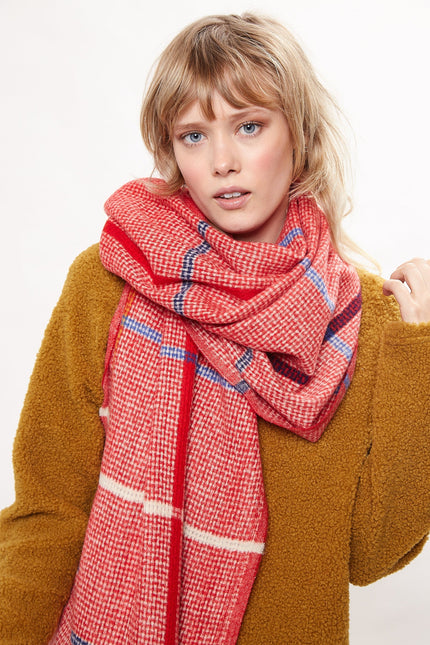 Louche Aoife Fluffy Warm Handle Woven Check Scarf With Tassels - Red - Detail 1