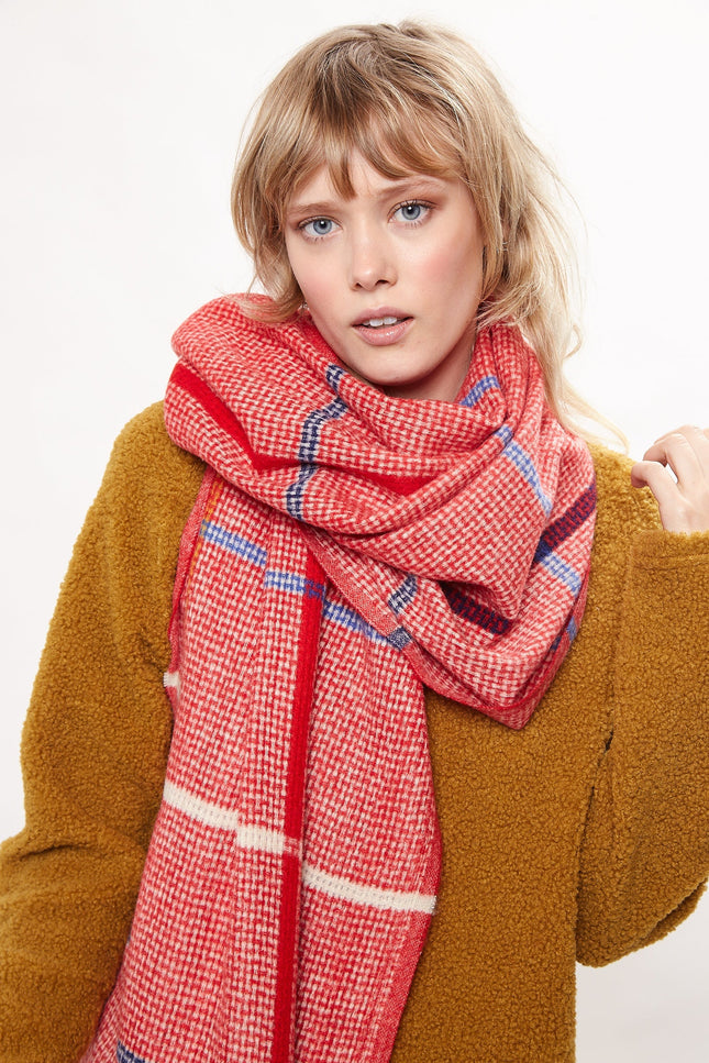 Louche Aoife Fluffy Warm Handle Woven Check Scarf With Tassels - Red - Detail 1