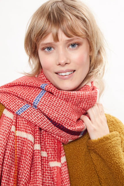 Louche Aoife Fluffy Warm Handle Woven Check Scarf With Tassels - Red - Back